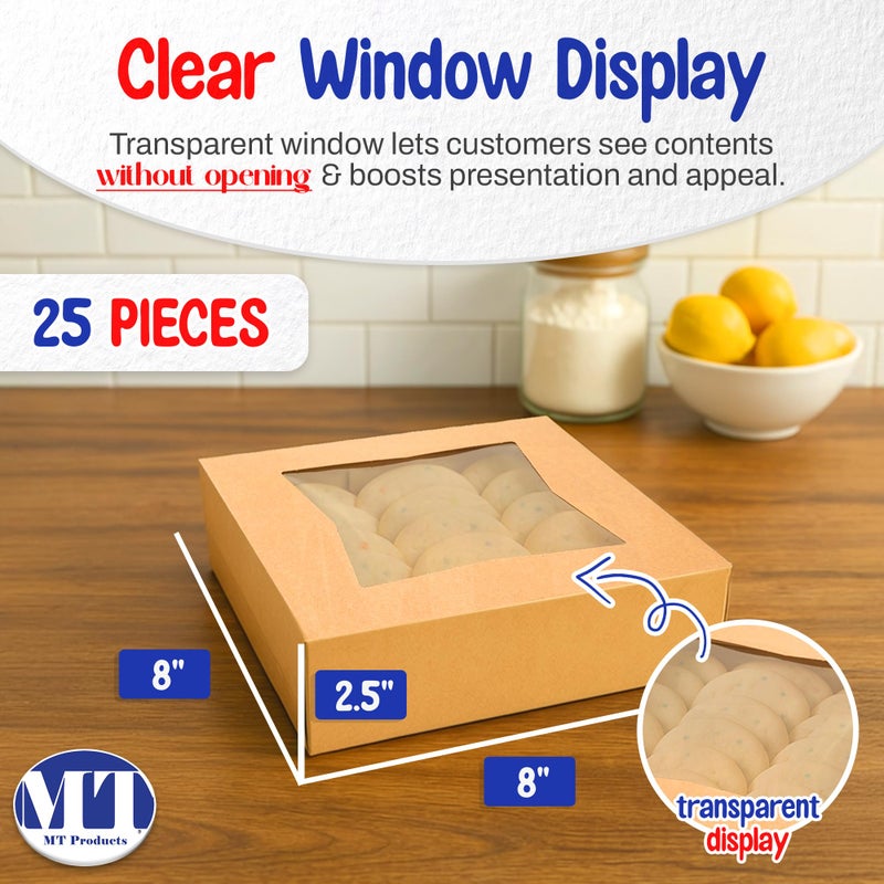 MT Products Brown Cookie Boxes 8" x 8" x 2.5" - Auto Pop-Up Bakery Boxes with Window (Pack of 25) - Made in the USA - Image 2